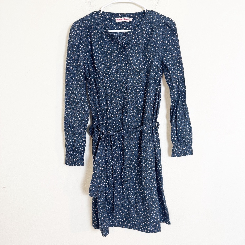 See by Chloe star print belted Long-Sleeve button down Dress